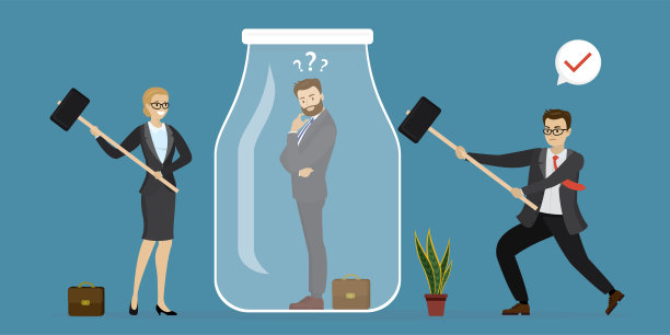 陷入困境的商人被困在封闭的玻璃罐里。同事和员工用锤子敲打玻璃。任务艰巨，时间紧迫。上班族沮丧。职业倦怠，疲惫的经理。图片下载