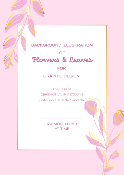 用花装饰的设计模板，粉红色背景上的金色线条图纸。图片下载