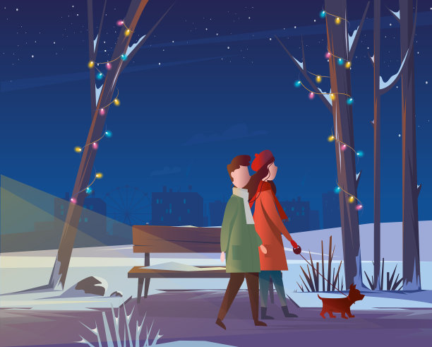 一对夫妇带着狗在冬季公园散步图片下载