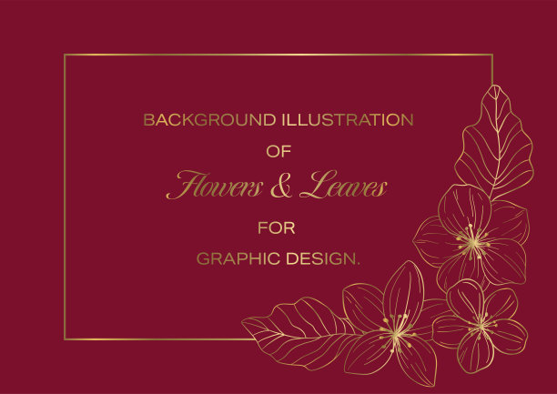 用鲜花装饰的设计模板，红色背景上的金色线条图纸。图片下载
