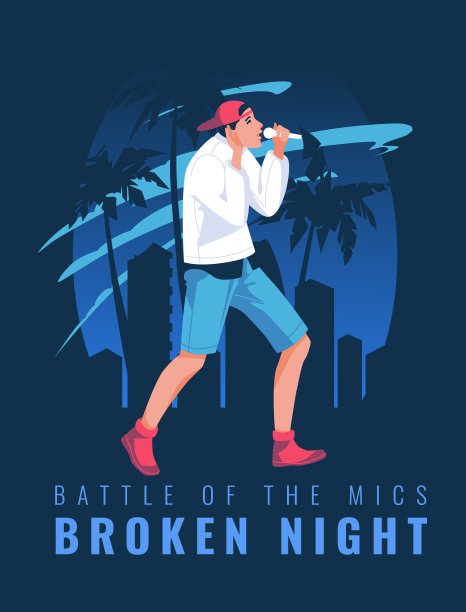 嘻哈艺术家在一个有着棕榈树和摩天大楼的黑夜海滨城市的背景下。平面向量插图图片下载