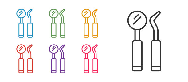 设置线牙科检查镜和探针图标图片下载