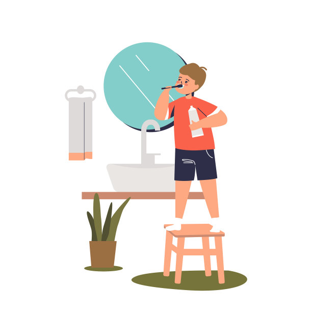 可爱的小男孩正在对着镜子刷牙图片下载