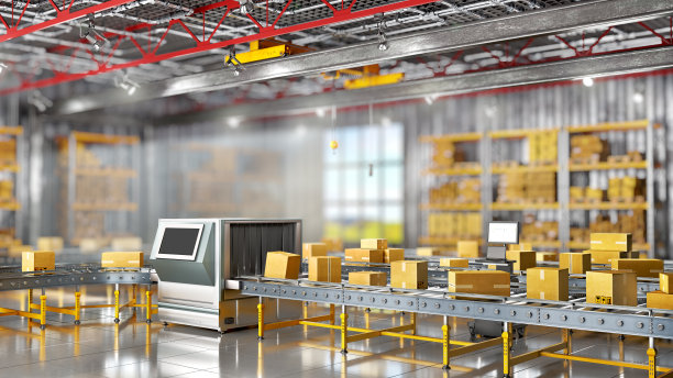 仓库被窗户的灯光照亮，前景是带着箱子的传送带和扫描仪，背景模糊，3d插画图片下载