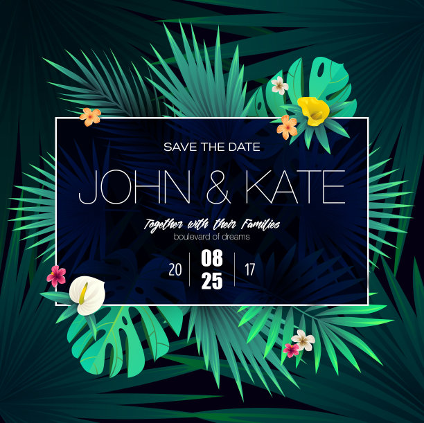 邀请卡设计与异国情调的热带树叶图片下载