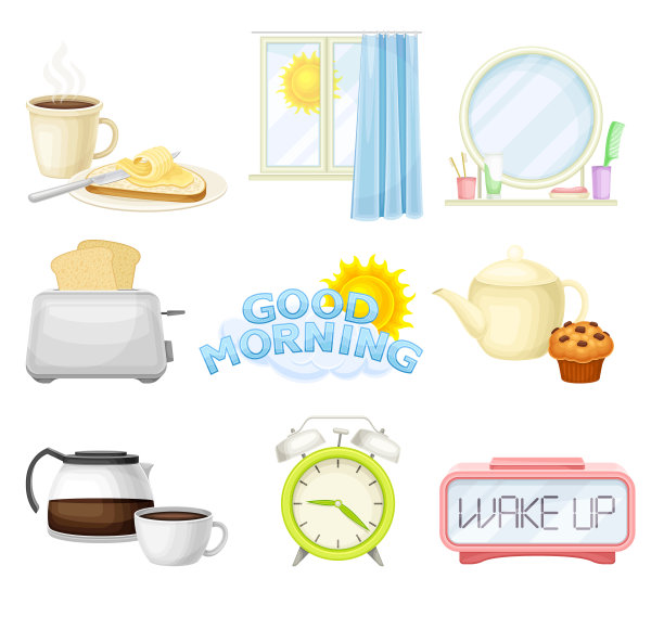 早上的时间符号设定早餐的食物和图片下载