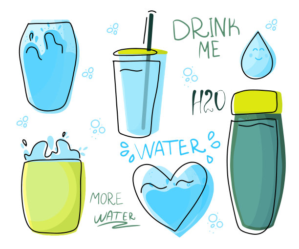 一套玻璃杯，瓶子，烧瓶和水，一滴图片下载