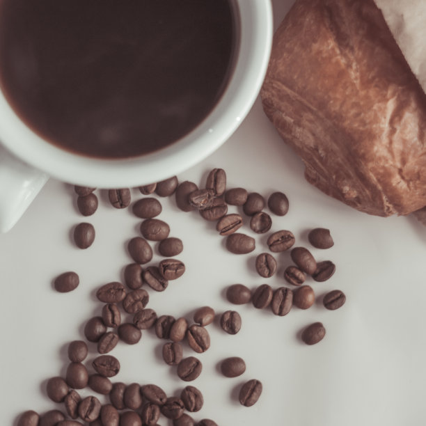 咖啡杯，白底豆子和牛角面包图片下载