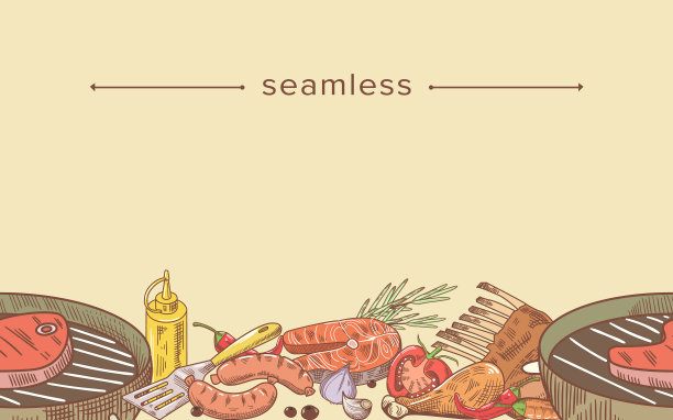 烧烤食物涂鸦无缝图案五颜六色图片下载