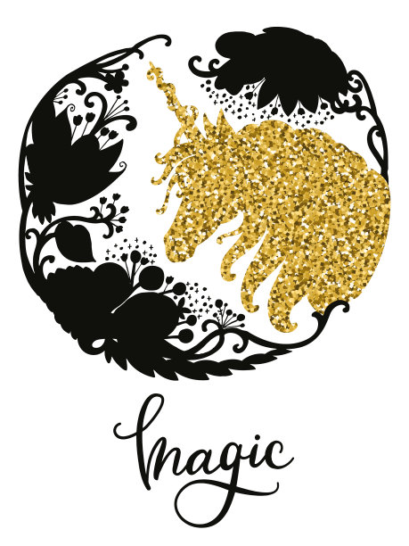 五彩缤纷的金色独角兽和神奇的花朵图片下载