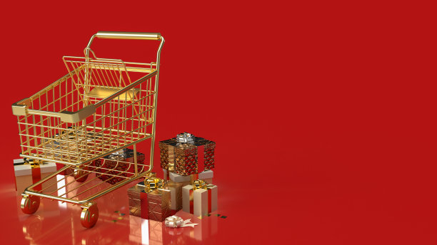 用于庆典或商业概念3d渲染的黄金购物车和礼盒图片下载