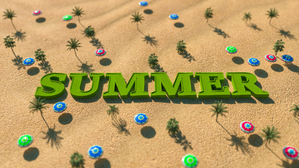 夏天。鸟瞰伞，沙滩上的棕榈树和夏天的词。旅行。3 d渲染图片下载