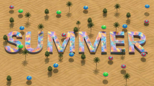 夏天。鸟瞰伞，沙滩上的棕榈树和夏天的词。旅行。3 d渲染图片下载