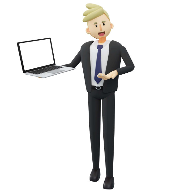 一位满面笑容的快乐商人正在用笔记本电脑展示他的项目。商人拿着笔记本电脑。3d渲染卡通插图。图片下载