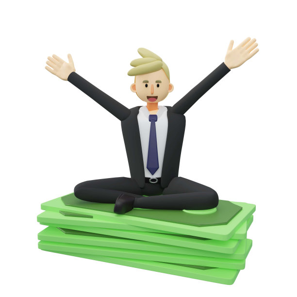 幸福的商人坐在一叠钞票上，成功的理财理念。3d渲染卡通插图。图片下载