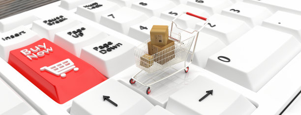 网上购物的概念。购物车，小盒子，桌上的笔记本电脑。三维渲染图片下载