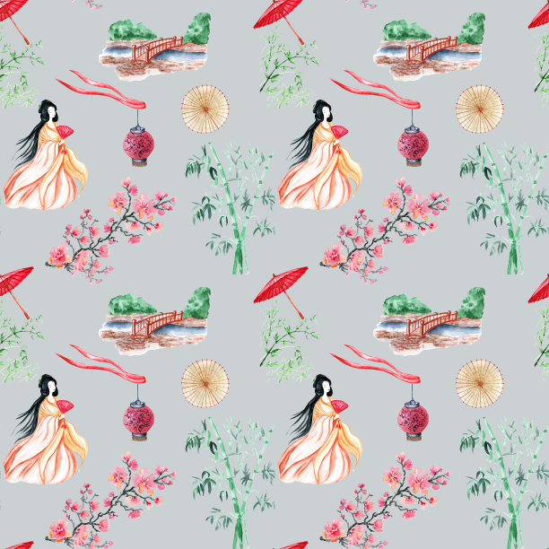 天衣无缝图案的亚洲鸟类、竹子、樱花。手绘水彩无缝图案与白色日本舞蹈鹤。图片下载