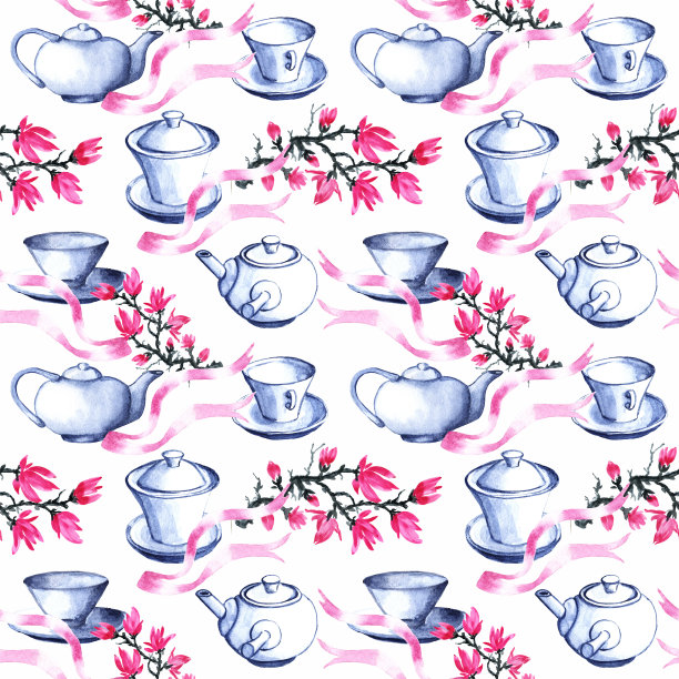 无缝图案与杯茶。亚洲印花，织物。纸。图片下载