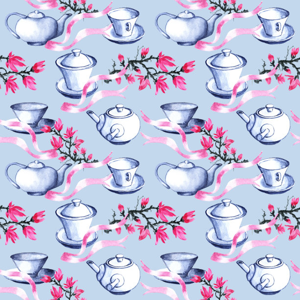 无缝图案与杯茶。亚洲印花，织物。纸。图片下载