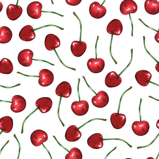 樱桃无缝模式。水彩插图。孤立在白色背景上。为设计。图片下载