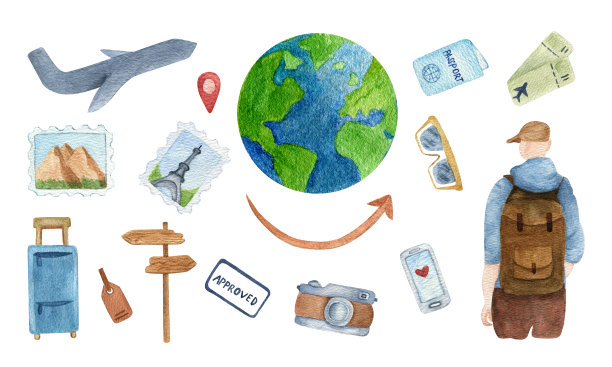 旅游套装手绘水彩。飞机,行李,门票。白底突出显示的插图用它来做明信片、请柬和剪贴簿。图片下载