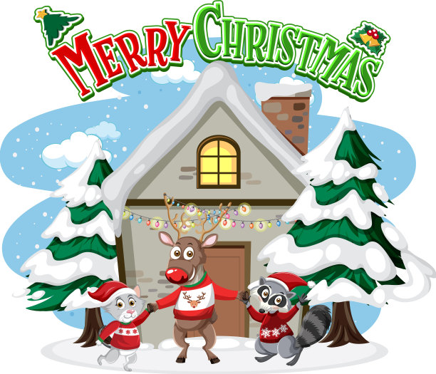 圣诞快乐文字标志与冬天的房子和图片下载