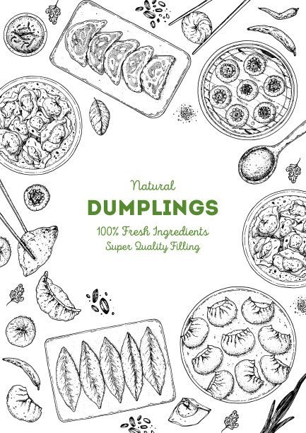 饺子俯视图框。菜单设计模板。手绘矢量插图。中国的饺子。的插图。手绘食物素描。设计模板。图片下载