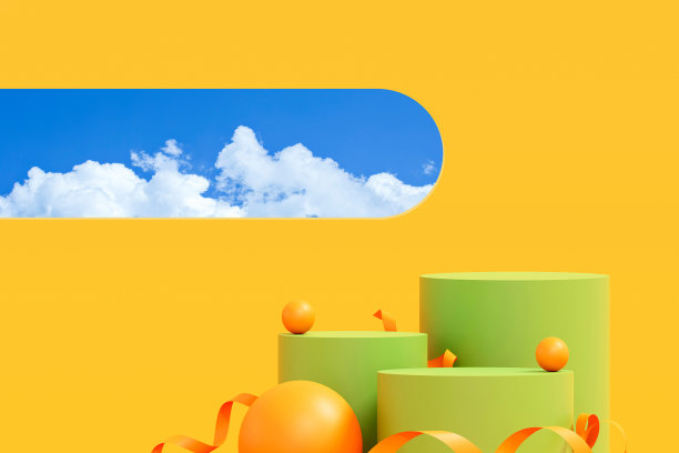 黄色讲台，黄绿色台子，天空为背景。展示化妆品和饮料产品的舞台。舞台夏天在台座现代3d工作室黄色平台图片下载