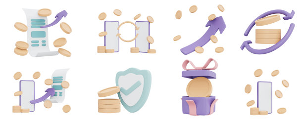 金钱图标的3D渲染，将金钱转移技术的概念孤立在白色背景上。3D渲染插图卡通风格。图片下载