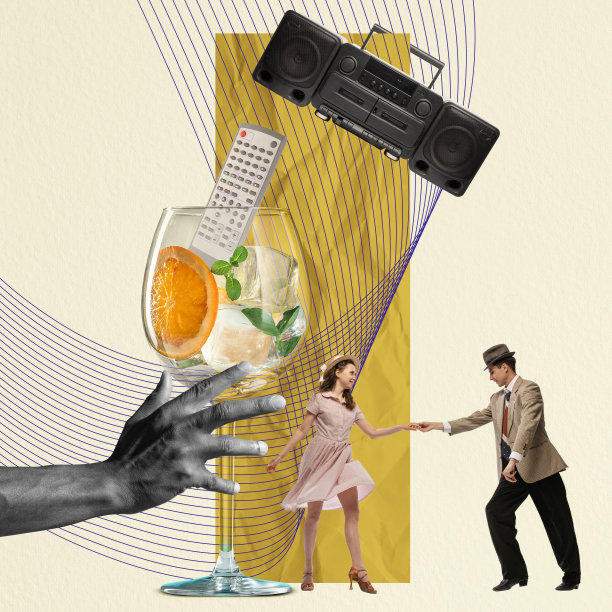 当代艺术拼贴。年轻欢快的夫妇穿着复古风格的布料跳舞，举行派对图片下载