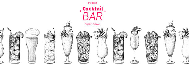 酒精鸡尾酒手绘矢量插图。鸡尾酒。菜单栏设计元素。手绘素描集。图片下载