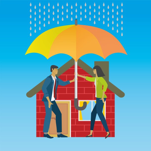 夫妇和房子在雨天被雨伞保护。矢量插图。图片下载