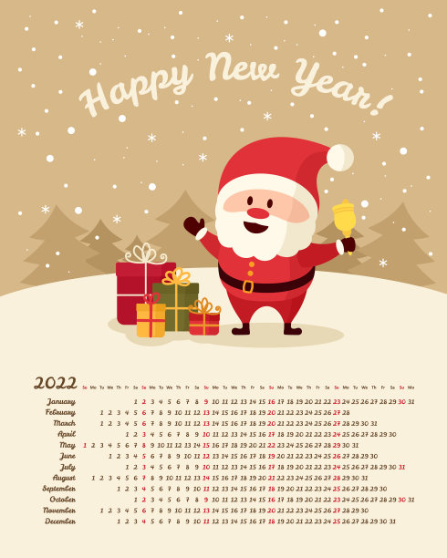 日历2022年圣诞老人带着铃铛和礼物图片下载