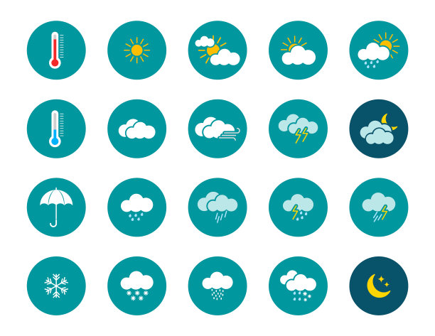 天气图标集。气象图标在平面风格。天气图标，如太阳，云，月亮，风暴，雨，闪电和风。矢量插图。图片下载