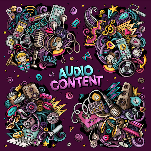 音频内容卡通涂鸦设计集图片下载