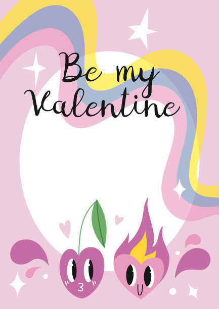 做我的情人节，卡片模板与有趣的漫画可爱的人物和涂鸦:樱桃和心在爱，卡通风格。时髦的现代矢量插图，手绘图片下载