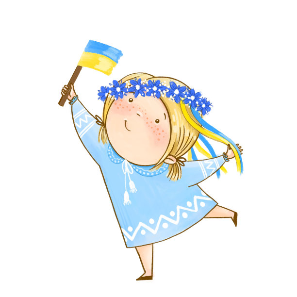 乌克兰小女孩手持国旗和花环的插画图片下载