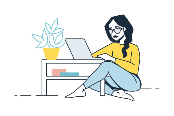 使用笔记本电脑。人们在家工作。自由职业者在舒适的条件下工作。女性坐在舒适的咖啡桌上。自由职业者随意的姿势。远程工作。矢量个体女性图片下载