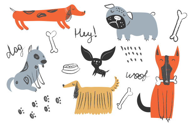 与可爱的狗手绘插图的图形集合。向量孤立的每股收益图片下载