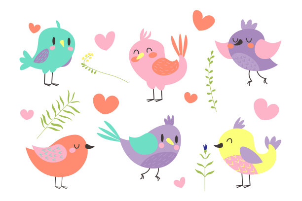 一套可爱的彩色小鸟孤立在白色背景EPS图片下载
