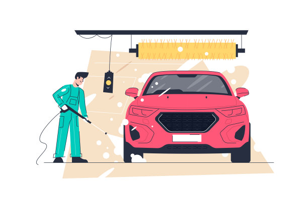 穿着制服的男子正在用泡沫和水清洗红色车辆图片下载