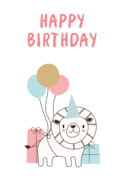 给小朋友的生日快乐贺卡，配上可爱的卡通狮子。非洲动物。矢量插图理想的卡片，邀请，海报和横幅。每股收益图片下载