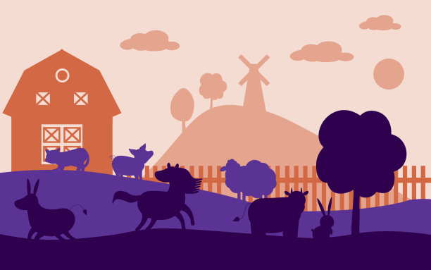 农场动物的剪影。牛、马、猪的乡村景观。村庄全景海报。农民的房子和牲畜。矢量插图每股收益图片下载