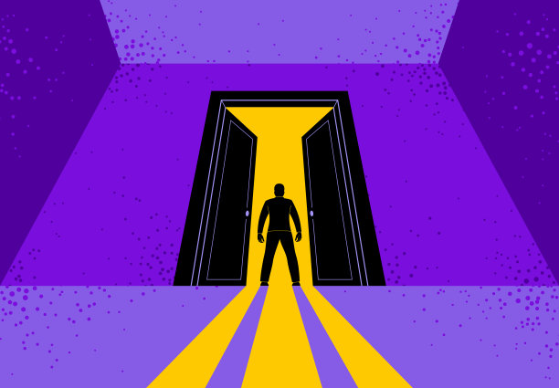 男人站在半开的大门外犹豫着要不要踏入矢量概念的新机会，踏入未来隐喻的债务，决定要走向未来。图片下载