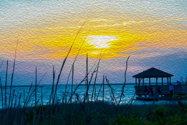 海湾的日落与油画的外观图片下载