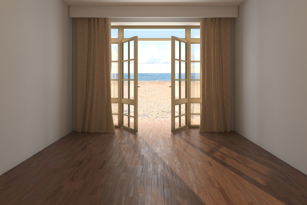 无家具的酒店房间，靠近海滩的海景。室内开门图片下载