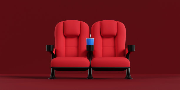 电影院的一对情侣站在红地毯上。买电影票的概念，电影之夜。3 d渲染。图片下载