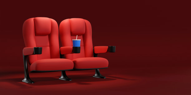 电影院的一对情侣站在红地毯上。买电影票的概念，电影之夜。3 d渲染。图片下载