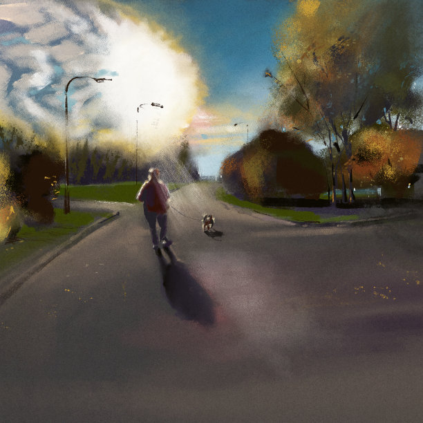 一个女人带着她的狗在城市公园散步。蜡笔画。图片下载