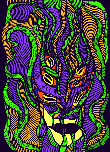 抽象的超现实的面与波浪的模式。迷幻色彩的幻想拟人化的脸。图片下载